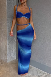 Braided Crop Cami Gradient Color Slim Fit Maxi Skirt 2pcs Set - Blue